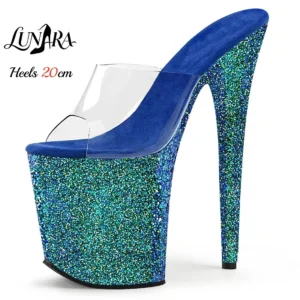 Womens 20cm/8Inch Blue Clear Backless Mules Platform Stiletto
