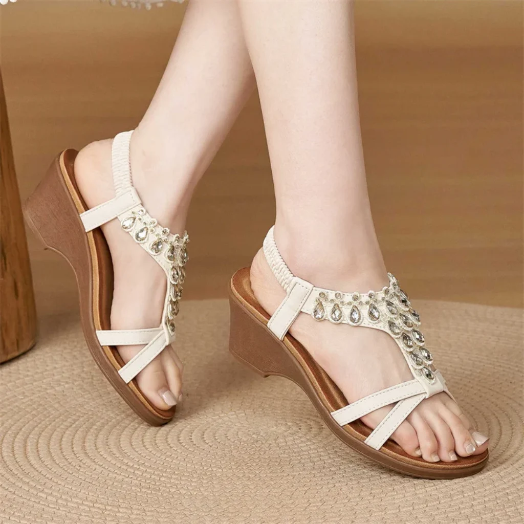 Womens Bohemian Rhinestone Wedge Sandals Elastic Ankle Strap