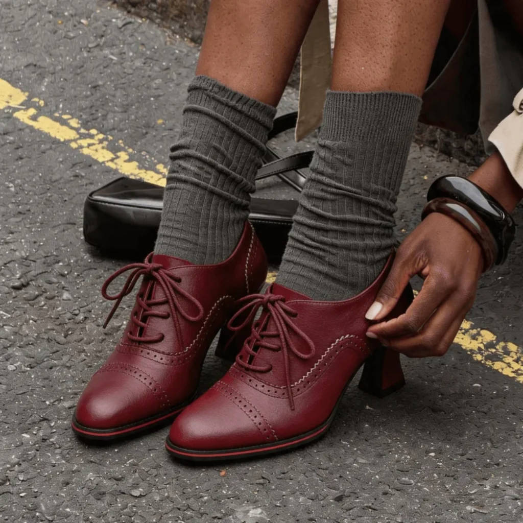 Women’s Faux Leather Brogue Oxford Heels Flared Mid