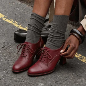 Women’s Faux Leather Brogue Oxford Heels Flared Mid