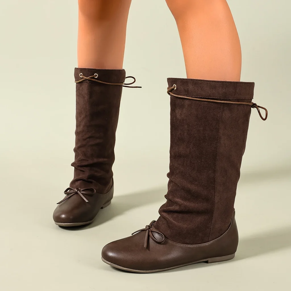 Women’s Mid-Calf Boots French-Style Bowknot Patchwork Design, Autumn
