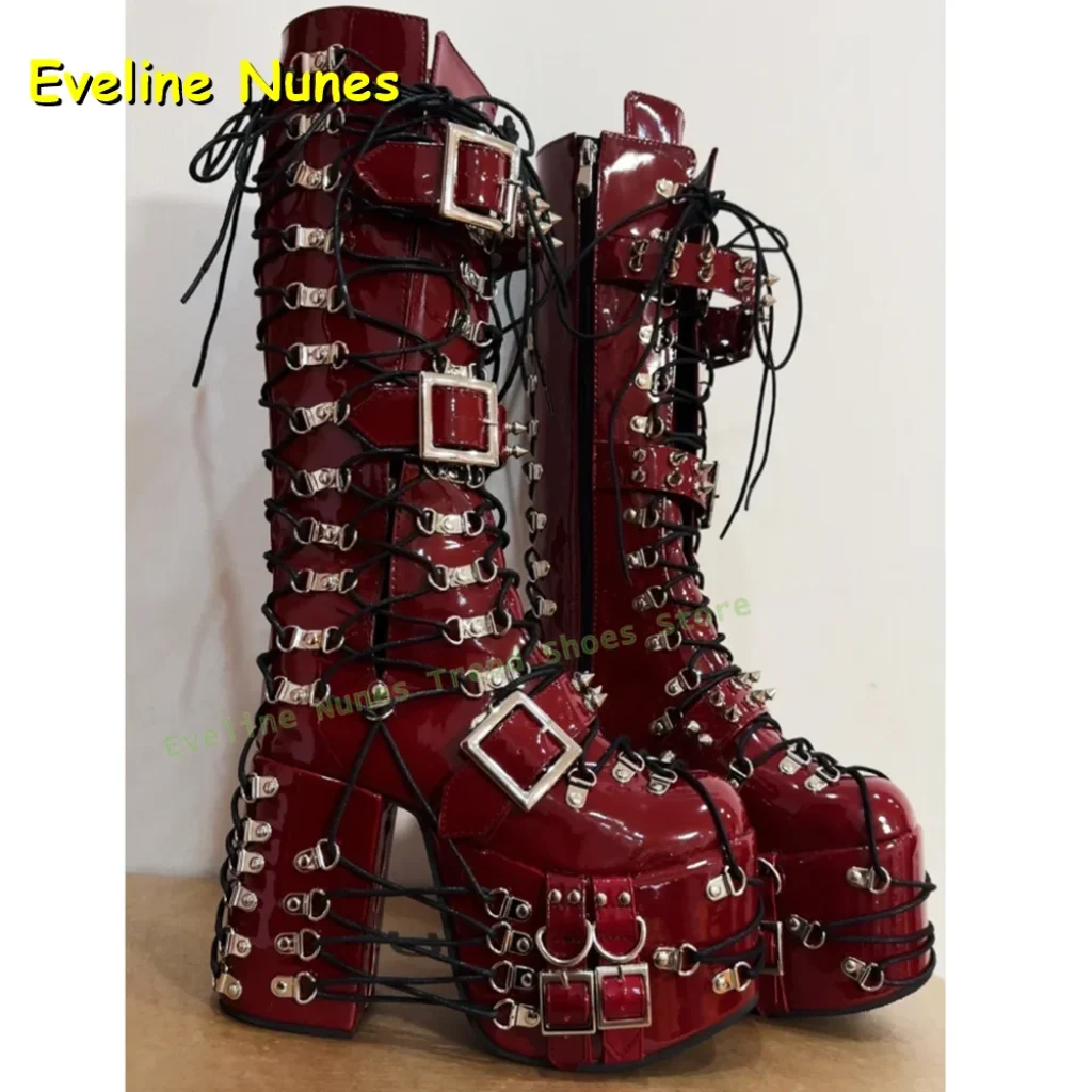 Y2K Red Gothic Platform Knee High Boots Women