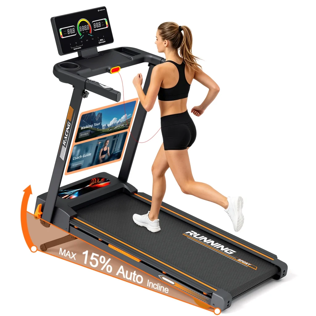 3.0HP Folding Treadmill,15-Level Auto Incline,15.75in Shock-Absorbing Belt,App,Bluetooth speaker,0.6-7.5MPH