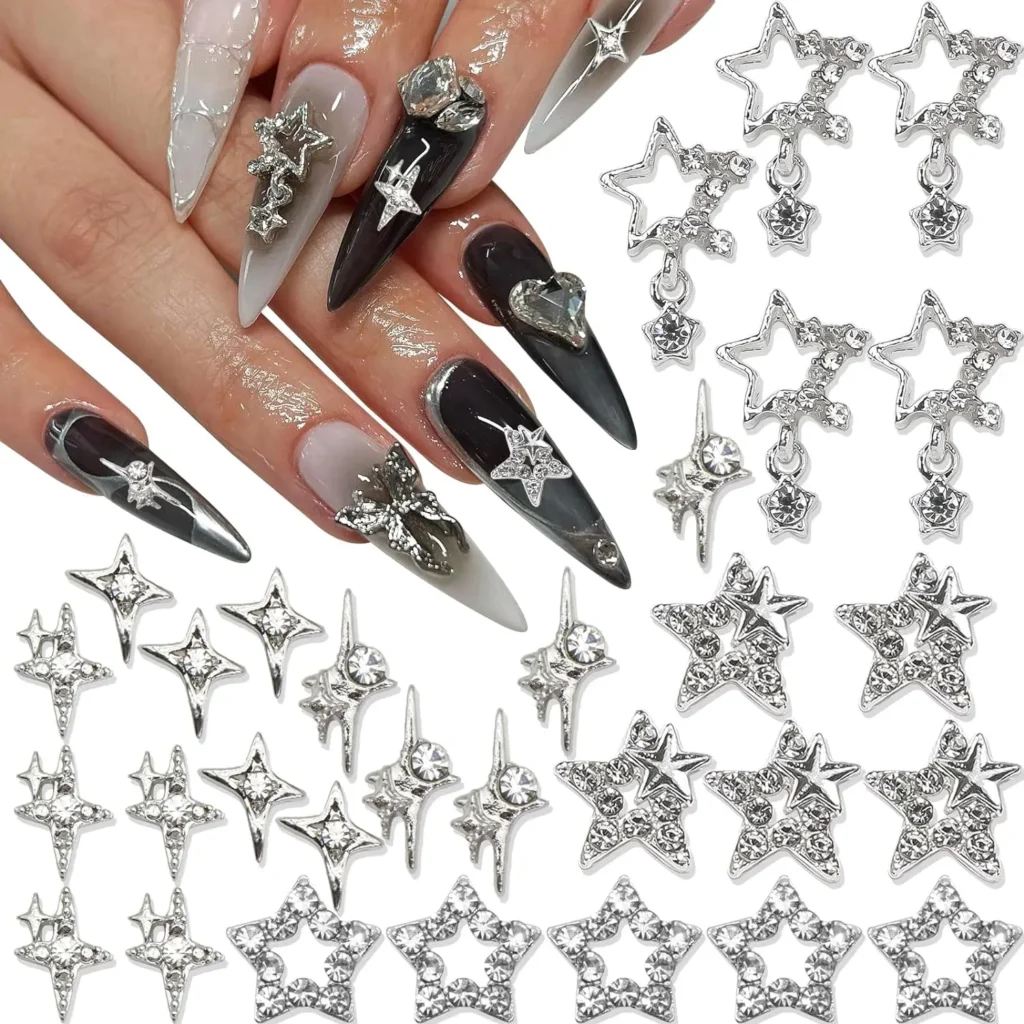Silver Star Nail Charms Shiny 3D Stars Nail