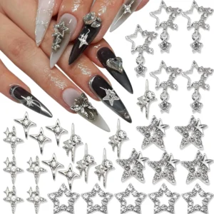 Silver Star Nail Charms Shiny 3D Stars Nail