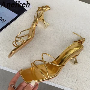 Aneikeh 2025 Fashion Patent Leather Sandals Thin Low