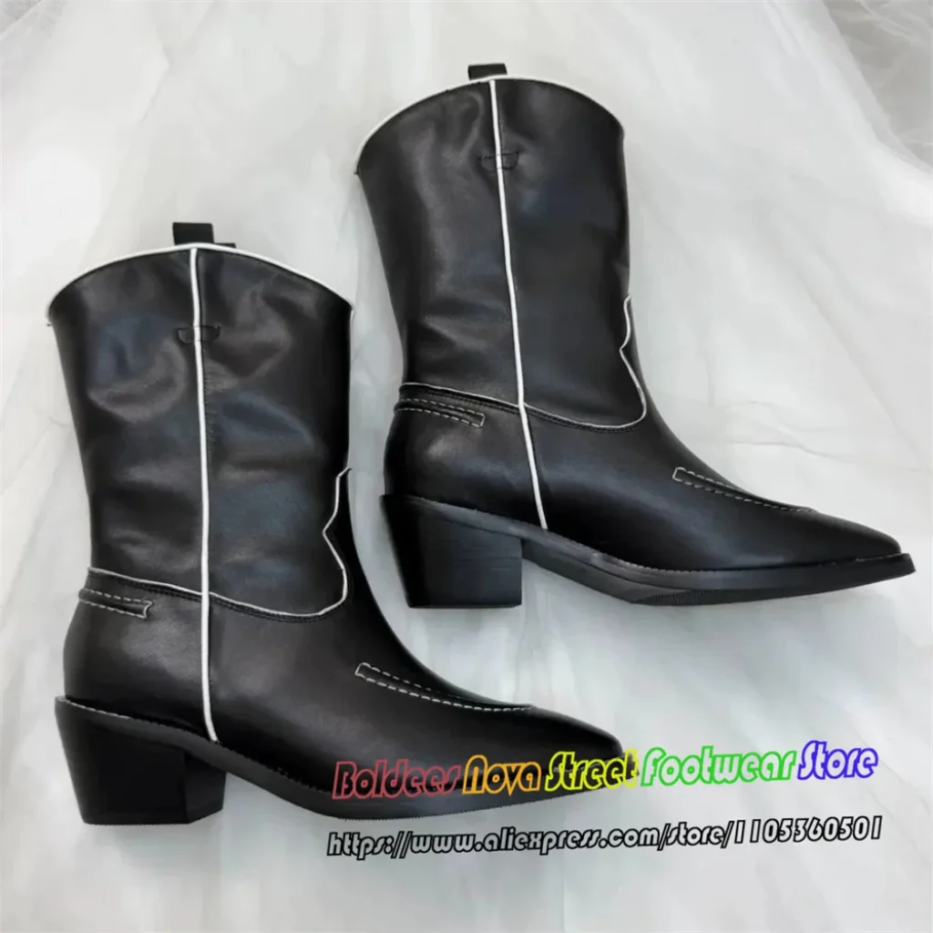 Black Calf Leather Thick Heel Short Boot Women