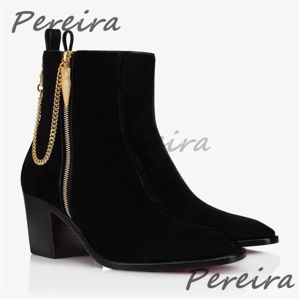 Black Velvet Zipper Chelsea Boots Luxury Gold Chain