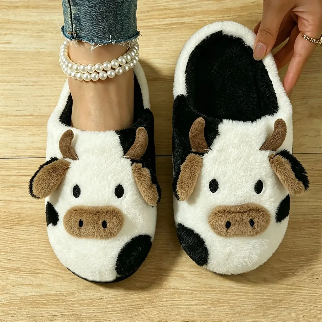 Comfy Cow Plush Slippers Womens Silent Walking Warm