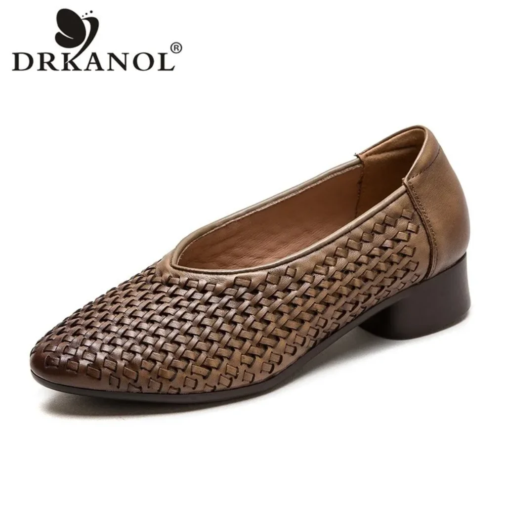 DRKANOL Retro Style Handmade Weave Genuine Leather Loafers