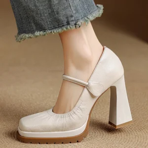 EAGSITY Cow Leather high heel retro mary jane