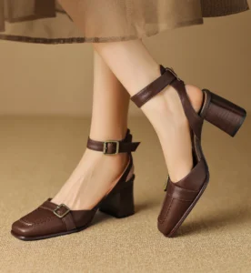 EAGSITY cow Leather wood grain block heel sandals