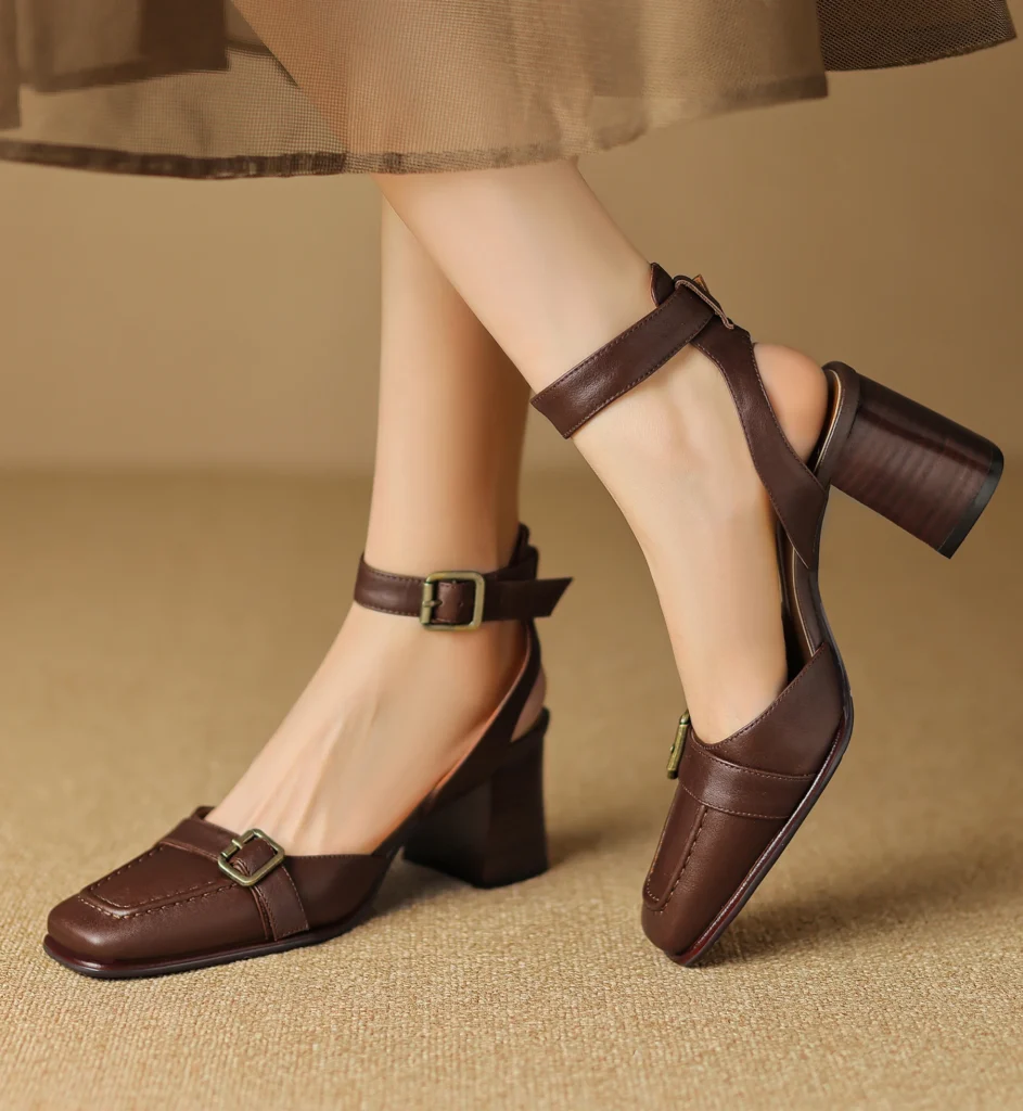 EAGSITY cow Leather wood grain block heel sandals