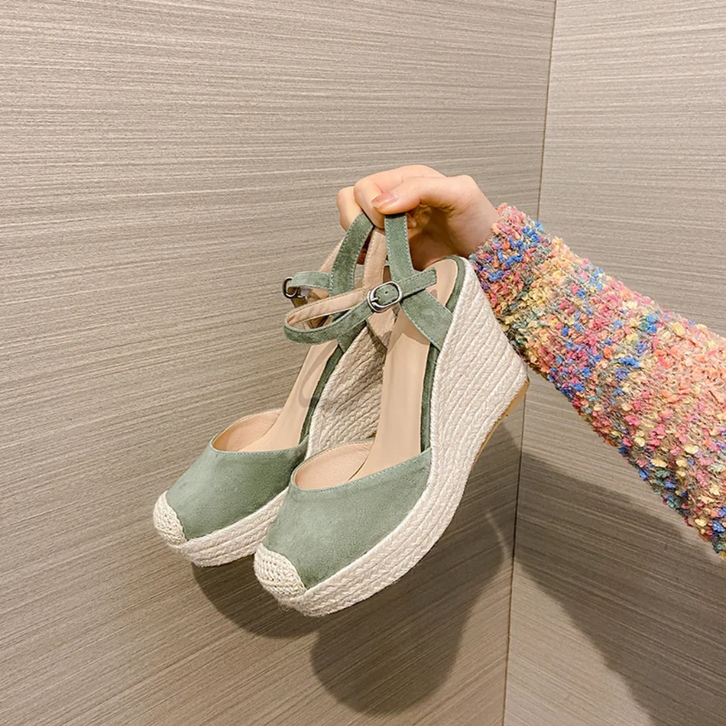 EAGSITY Cow suede Street style wedges espadrilles peep