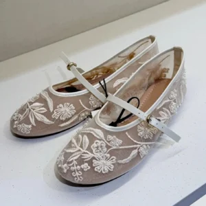 Embroidery Flowers Pearl Mesh Round Tor Ballet Flats