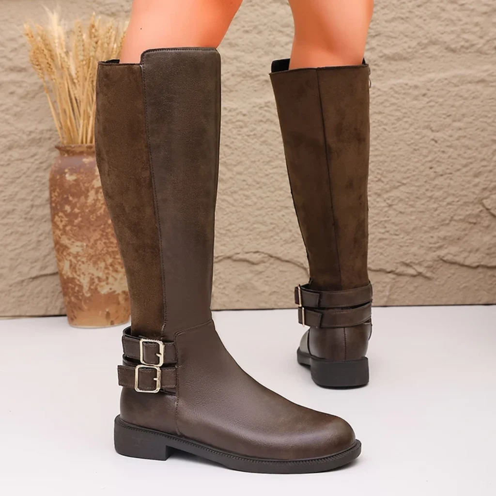Fashion Buckle Brown Pu Leather Riding Boots Women