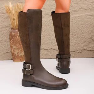 Fashion Buckle Brown Pu Leather Riding Boots Women