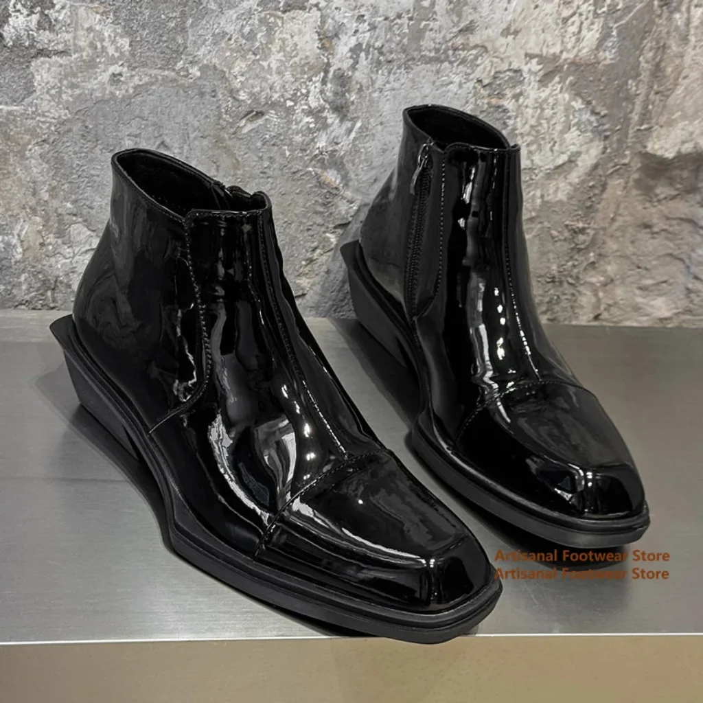 Glossy Patent Leather Ankle Boots Square Toe Side