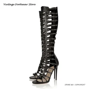 Knee-high Leather Gladiator Sandals Summer Round Open Toe