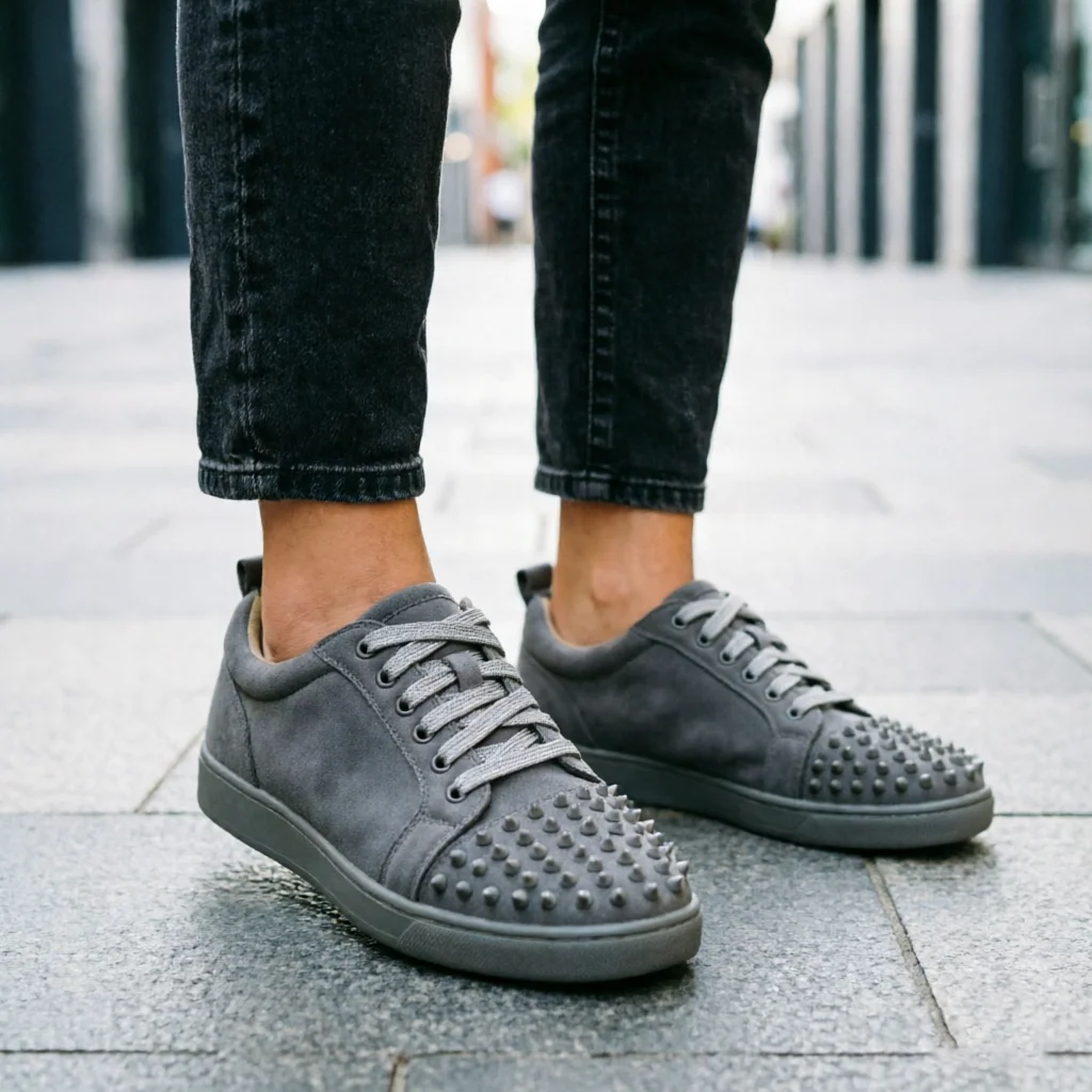 Men Suede Leather Sneakers Gray Spike Toe Casual
