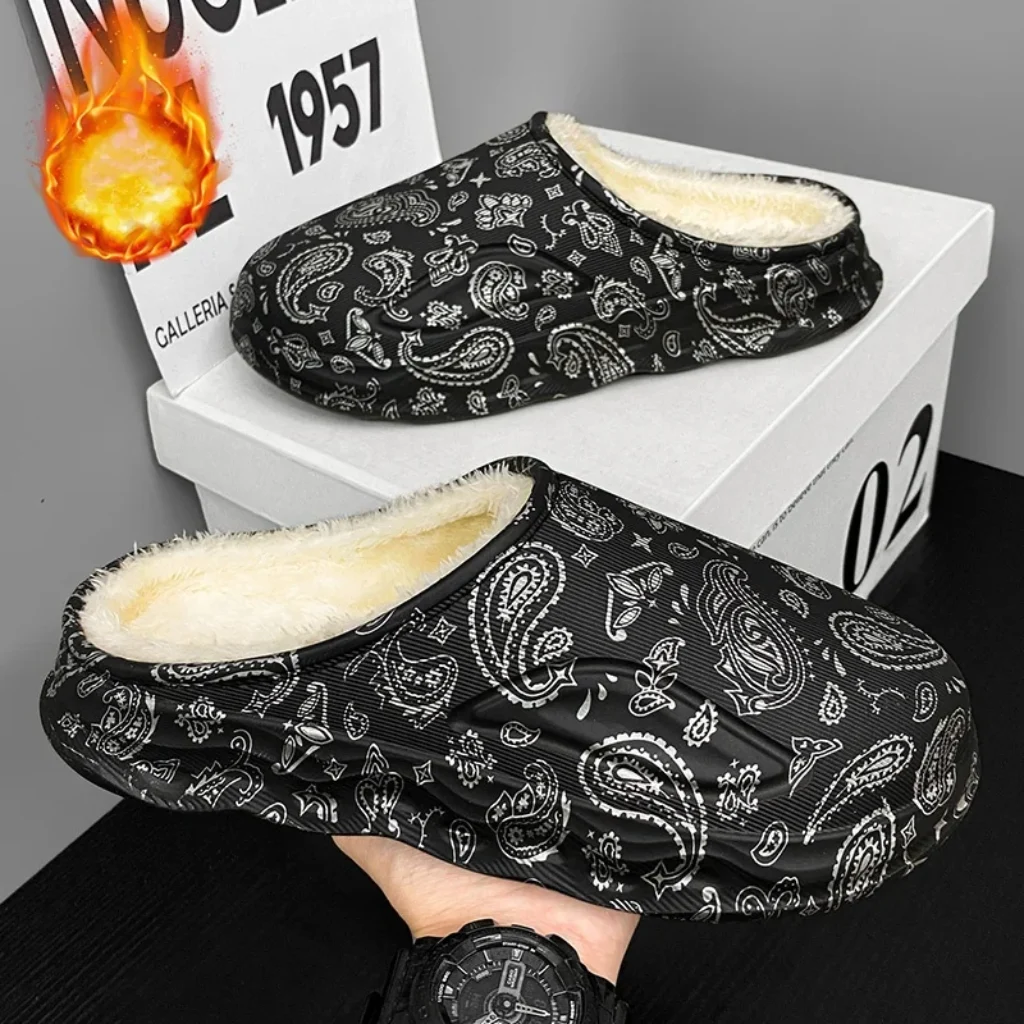 Men’s Plus‑Size Cold‑Resistant Half‑Back Winter Slippers, Printed Waterproof