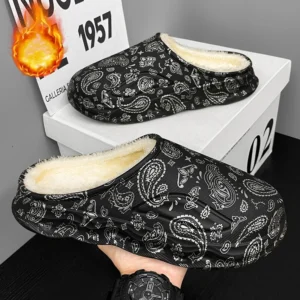 Men’s Plus‑Size Cold‑Resistant Half‑Back Winter Slippers, Printed Waterproof
