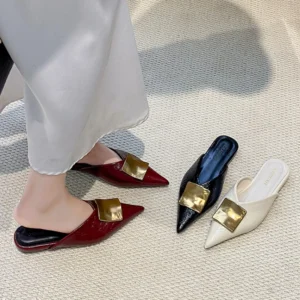 Metal Decoration Women Cover Toe Mules Slippers Slip