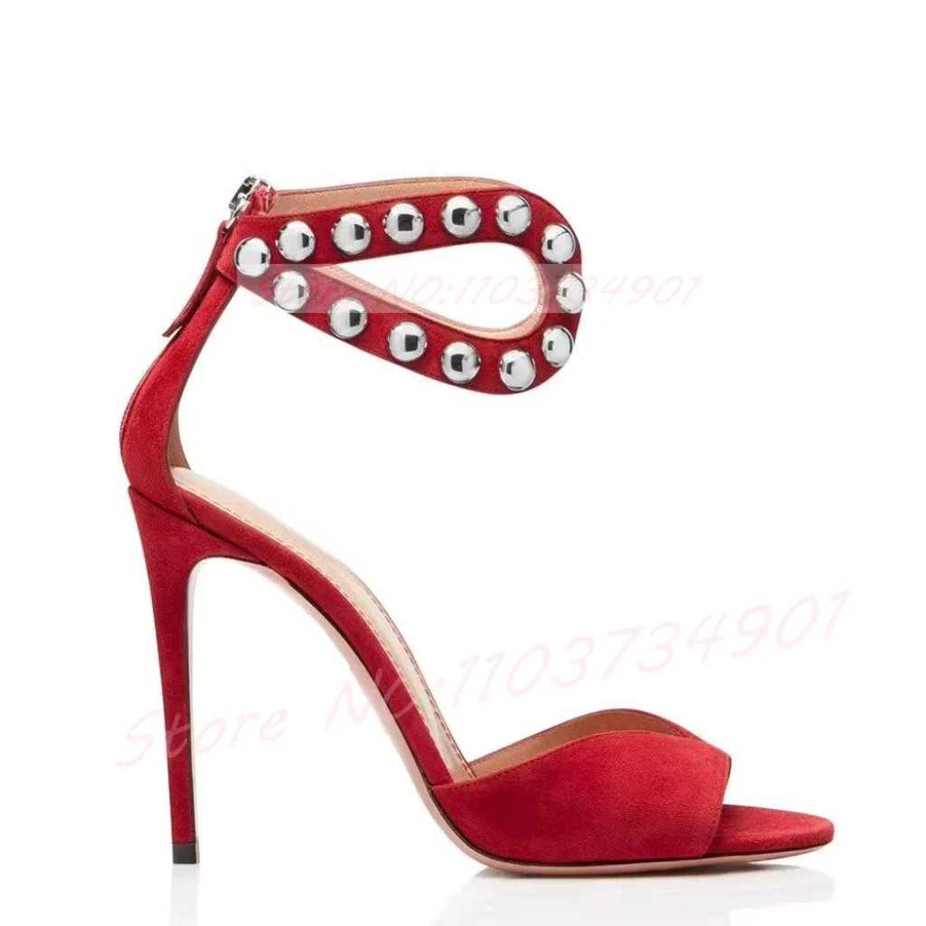 Metal Studs Ankle Strap Red Flock Sandals Women