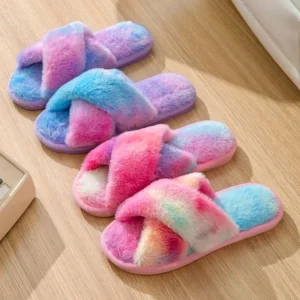 Fluffy Rainbow Cross Strap Winter Slippers Women Soft
