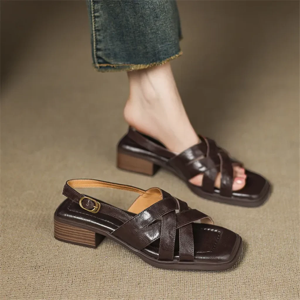 Summer Sandals Split Leather Women Shoes Square Toe