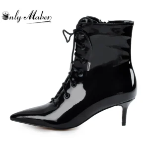 Onlymaker Women Kitten Low Heels Patent Leather Ankle