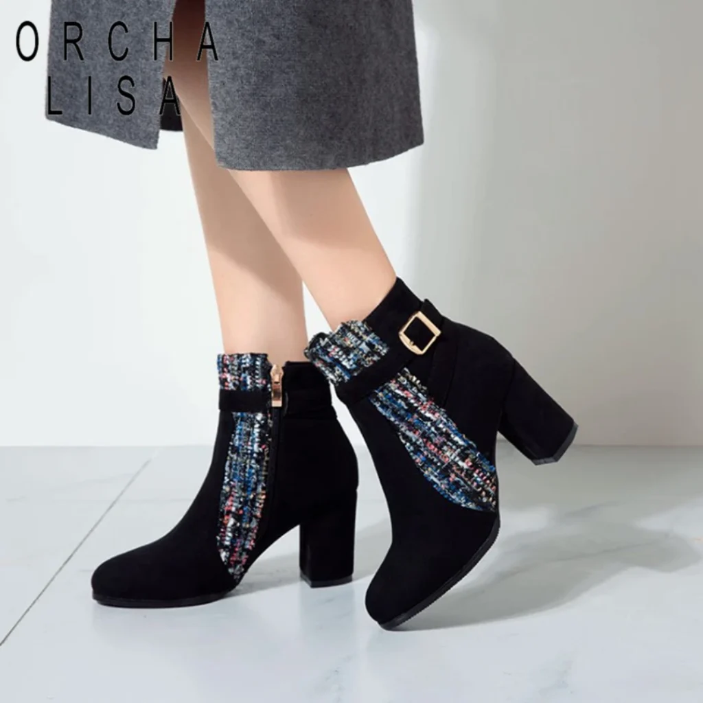 ORCHALISA Textured Round Toe Ankle Boots Ladies Flock