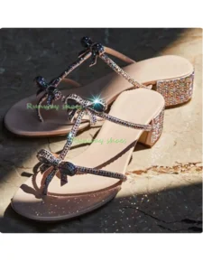 Rhinestone Bow Block Heel Sandals Multicolor Crystal Bow