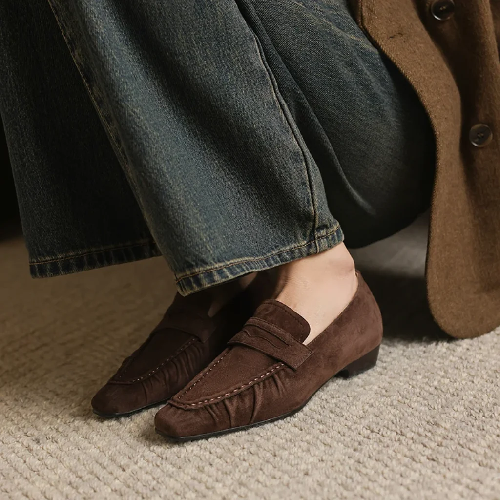 Spring Genuine Leather Women Pumps Fashion Pleated Square