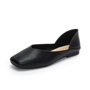 Square toe leather patchwork flat shoes woman slip