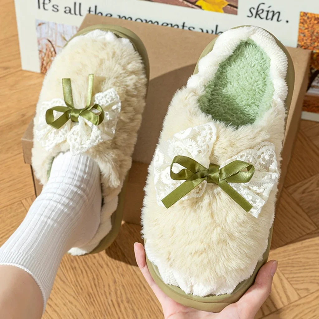 Sweet Cute Bowknot Plush Slippers Women Comfortable Soft