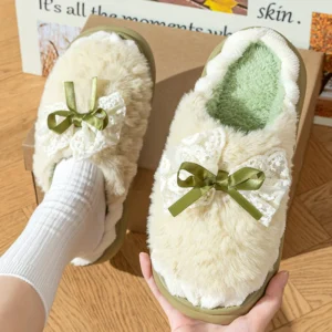 Sweet Cute Bowknot Plush Slippers Women Comfortable Soft