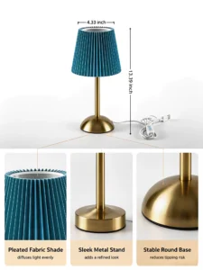 Teal Blue Pleated Fabric Shade USB Table Lamp,