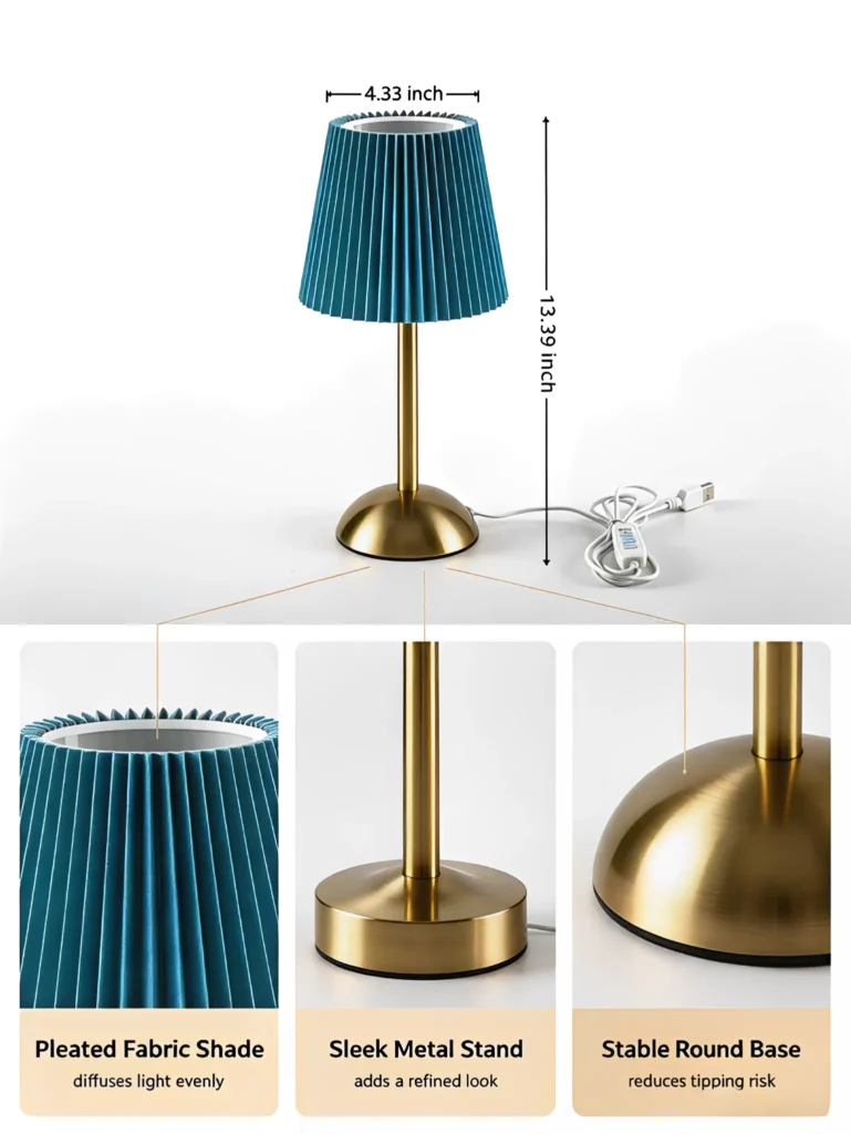 Teal Blue Pleated Fabric Shade USB Table Lamp,