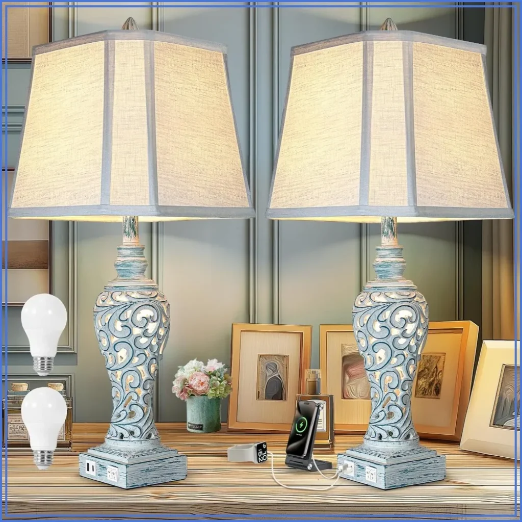 Vintage Farmhouse Bedside Table Lamps USB Charging Ports,