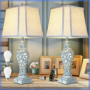 Vintage Farmhouse Bedside Table Lamps USB Charging Ports,