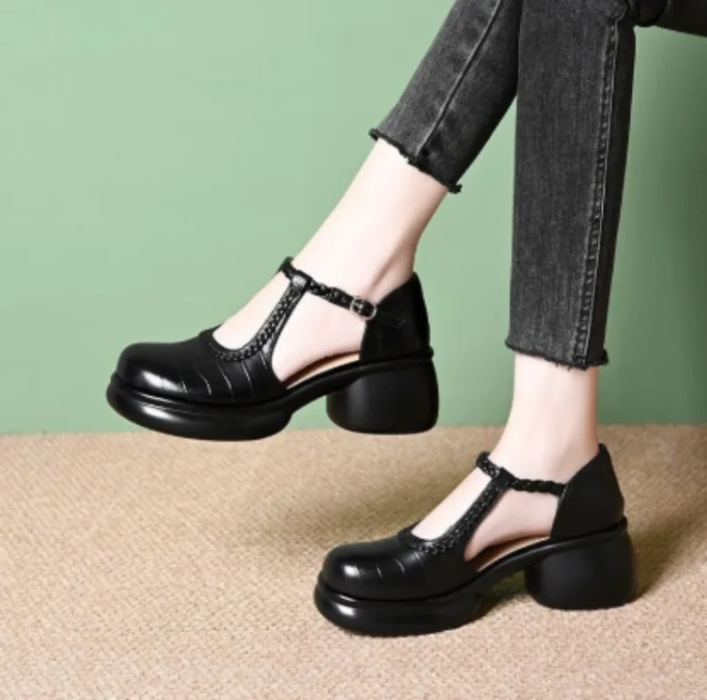Women Black Croc‑Embossed Mary Jane Sandals T‑Strap Buckle