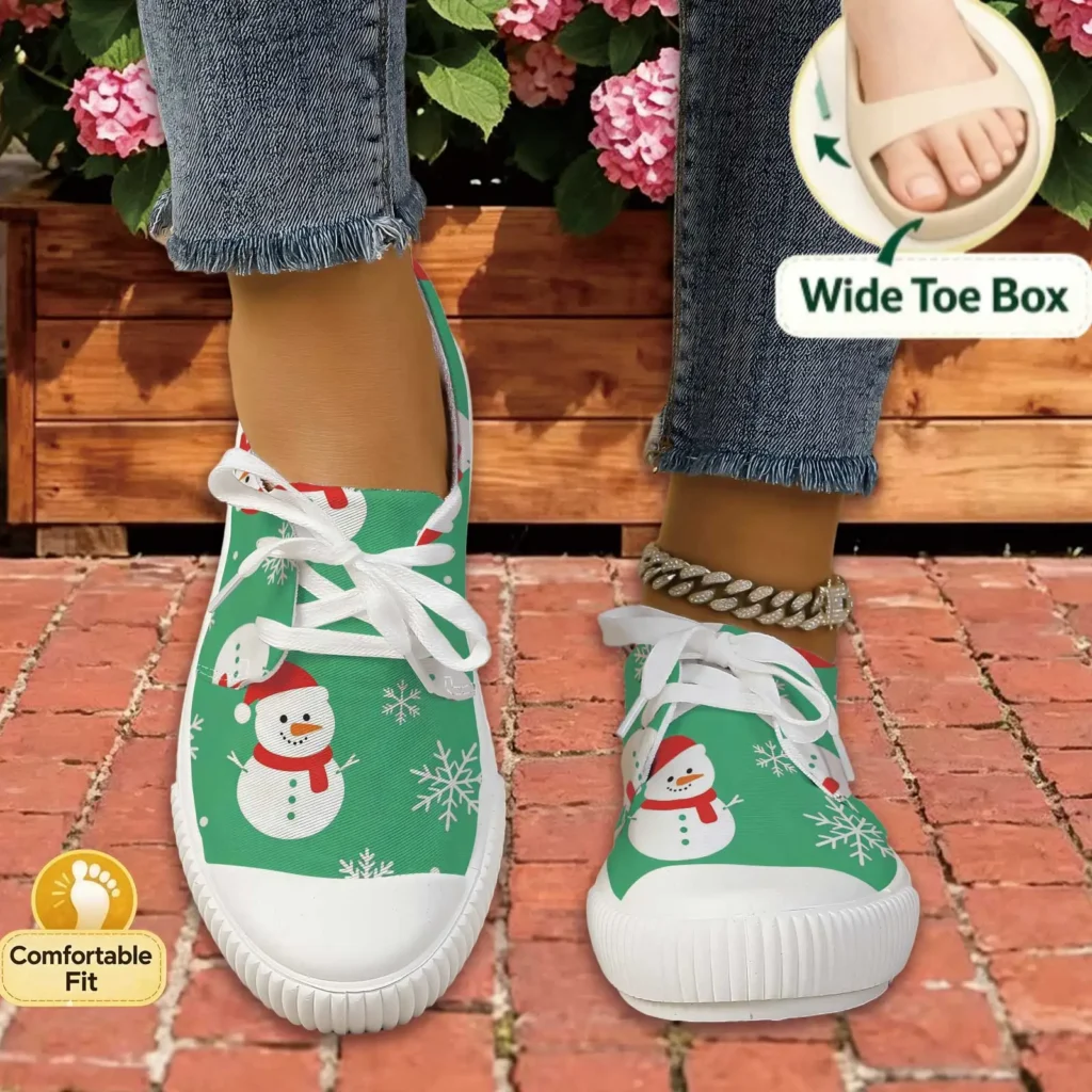 Women Christmas Snowman Print Lace Up Sneakers Wide