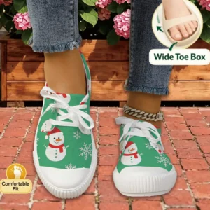 Women Christmas Snowman Print Lace Up Sneakers Wide