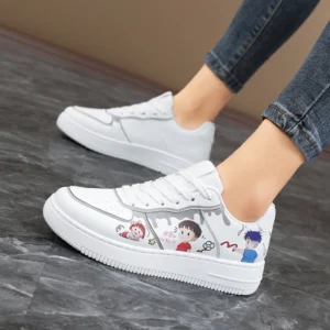 Women Cute Anime Cartoon Print Sneakers White Lace‑Up