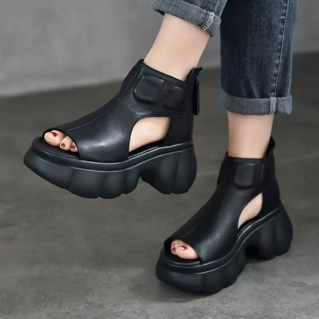 Women Leather High Top Wedges Peep Toe Sandals