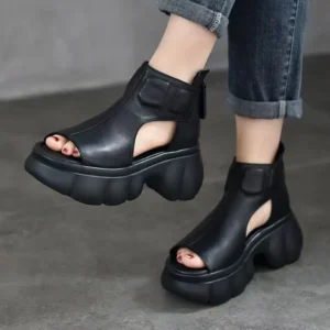 Women Leather High Top Wedges Peep Toe Sandals