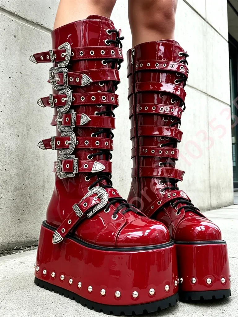 Women Patent Leather Platform Knee High Boots Multi