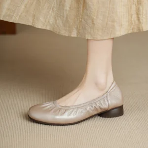 Women Real Sheepskin Leather Scrunch Ballet Flats Metallic