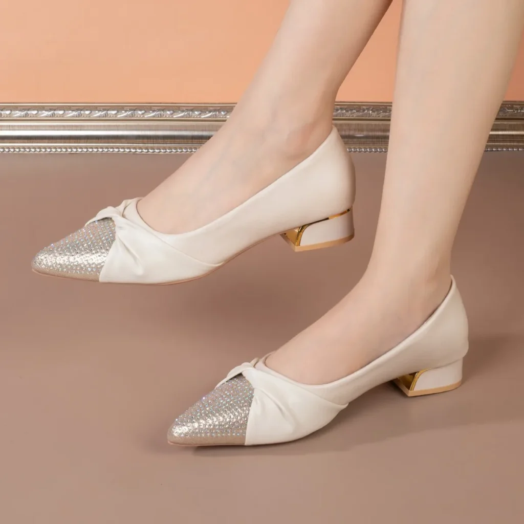Women Rhinestone Pointed Toe Pumps Twisted Bow Block